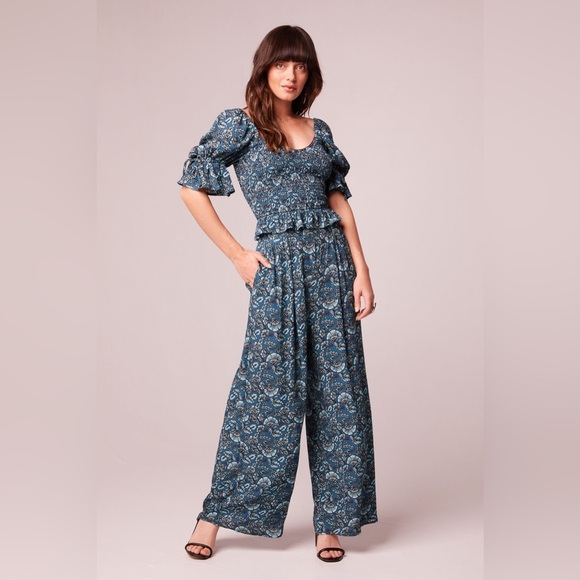 Band of the Free Elise Teal Floral Boho High Waist Wide Leg Pants Size Med NWT - Picture 1 of 7